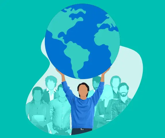 illustration of a man holding up planet earth in front of a crowd