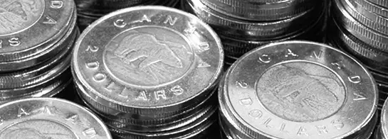 Close up of stacks of Canadian 2 dollar coins