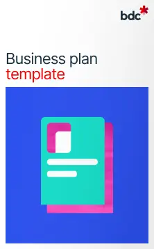 Illustration of a paper document in bright colors with text Business Plan Template