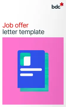 Illustration of a paper document in bright colors with text Job offer letter template