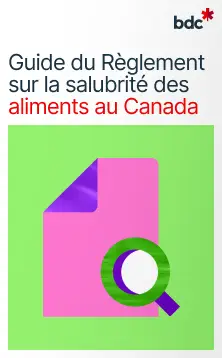 Illustration d'un document rose et d'une loupe avec le texte Guide du Règlement sur la salubrité des aliments au Canada