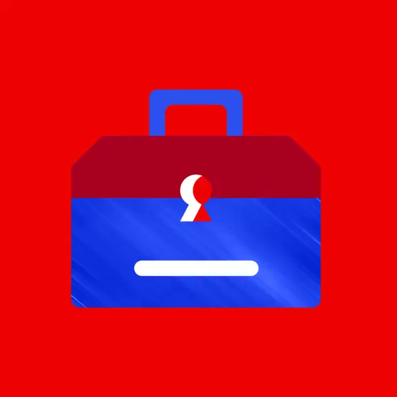 Illustration of a toolbox in bright red, blue and yellow